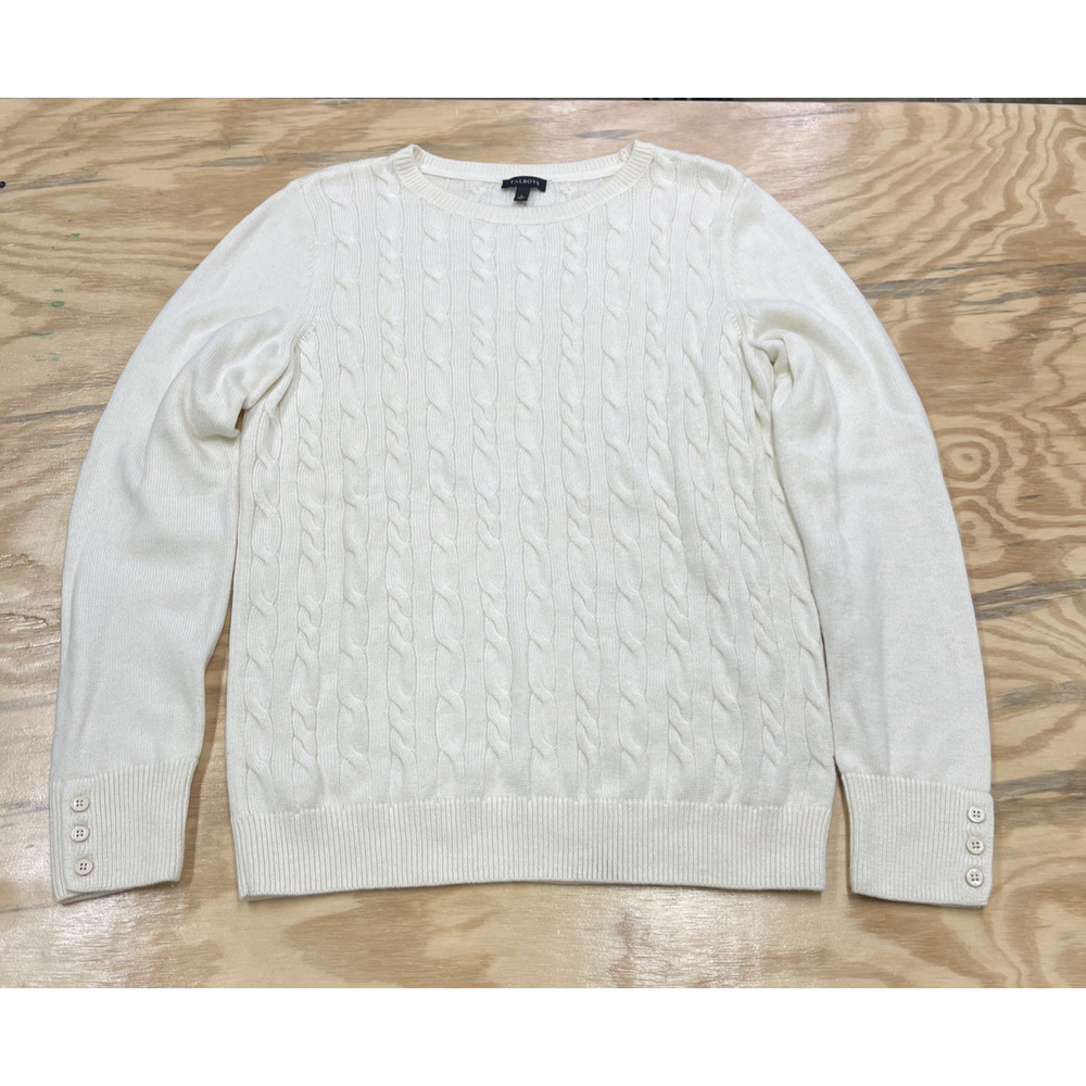 Talbots Cable Knit Sweater Lambs Wool Blend Size Large Ivory Quiet Luxury Cozy